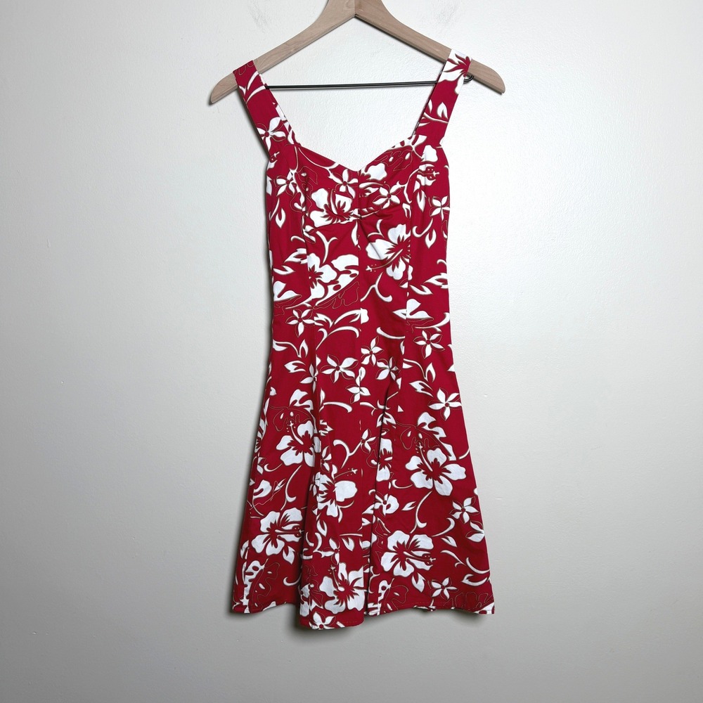 Hilo Hattie Women Cotton Dress XS Red Hibiscus Floral Print Smocked Hawaiian